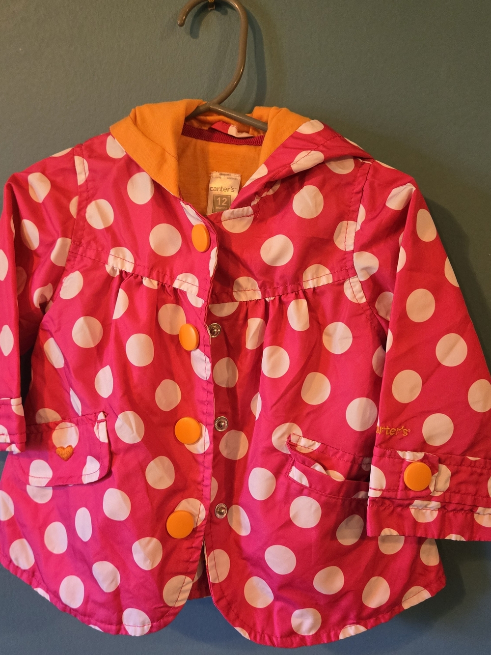 Carter's Hot Pink Polka Dot Raincoat with Yellow Hood & Buttons